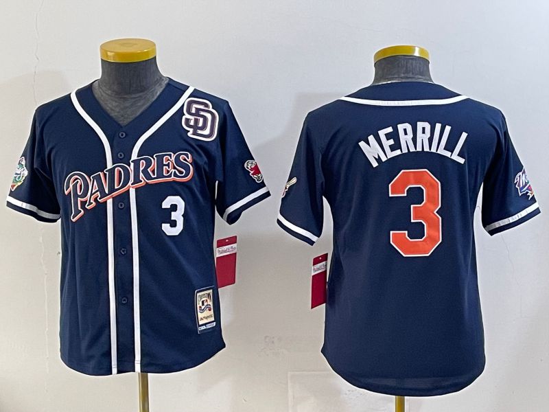 Youth 2025 San Diego Padres #3 Merrill Blue Throwback Game Nike MLB Jersey style 1